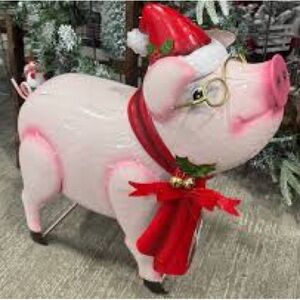 NWT Adorable! 20” Plumpy Christmas Pig Metal Farm Statue Indoor/ Outdoor Figure